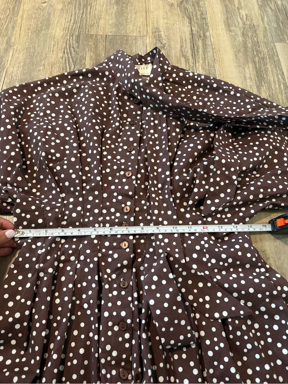 Anthropologie The Tobie Tie Neck Shirt Dress by Exquise Brown Polka Dot Size XS - Picture 9 of 13